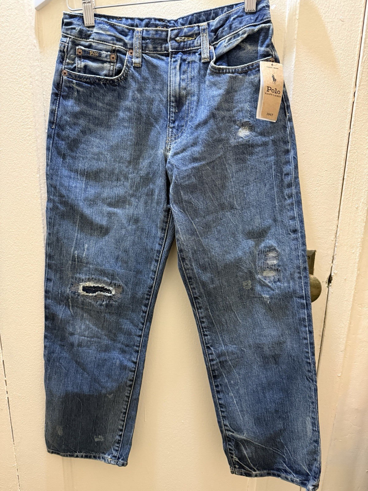 Polo Ralph Lauren 1967 Distressed Blue Denim Jeans Boys Size 12 NWT 100% Cotto