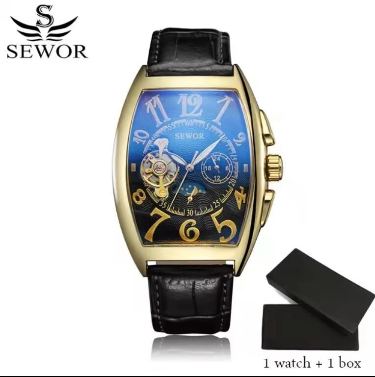 SEWOR Reloj Esqueleto Mecánico Automático Cuerda Automática Cuero Pulsera Fase Lunar Foto 2 de 4