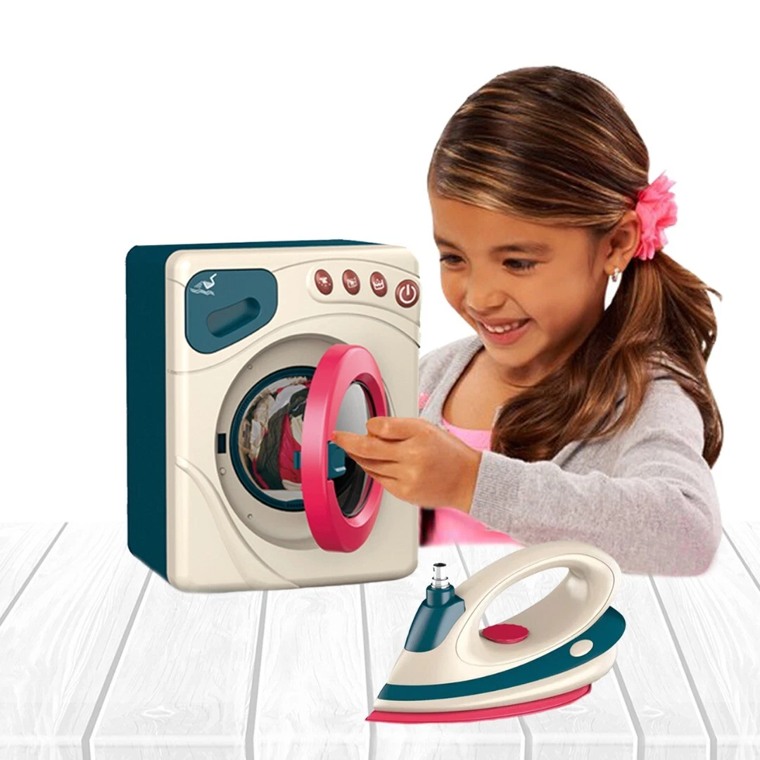 Kids Pretend Play Washing Machine Toy With Iron Mini Simulation Home Appliance