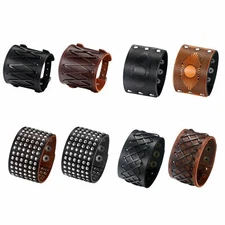 Punk Men's Wide Rivet Leather Wraps Cuff Bangle Bracelet Wristband Adjustable