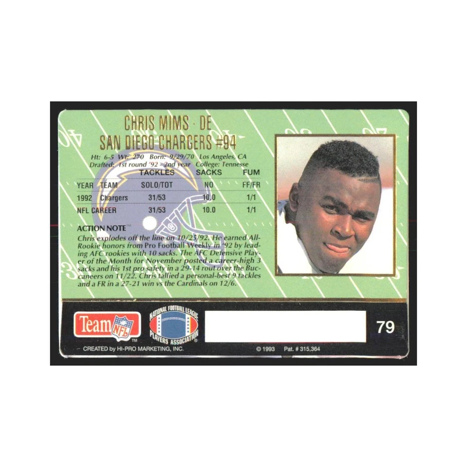 1993 Action Packed Chris Mims San Diego Chargers #79 - Image 2 of 3