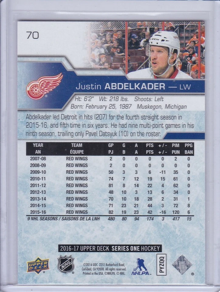 Justin Abdelkader 2016 Upper Deck Hockey Card 70 - Image 2 of 2
