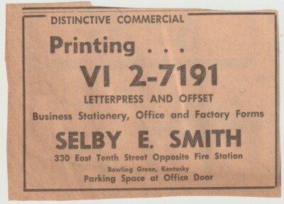 VINTAGE 1963 NEWSPAPER AD SELBY E. SMITH COMMERCIAL PRINTING