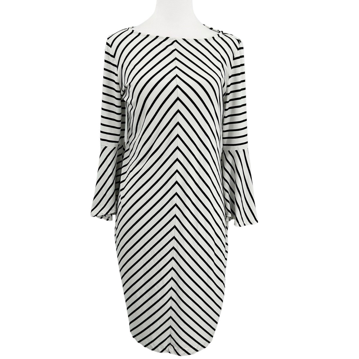 chico's black and white dress Chico’s Women's Stripe Bell Sleeve Midi Size 1 M/8 Featuring a self belt color:cedar 3 ways to style Color:PEACOCK/JADE