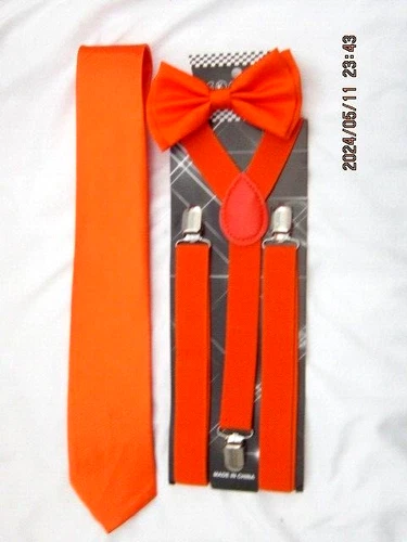 Solid Orange Bow Tie,Orange Neck tie & Orange Adjustable Y-Back Suspenders-New!2 - Picture 1 of 2
