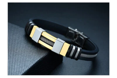 Bracelet homme rainuré acier inoxydable plaqué or 21 cm - Photo 1/4