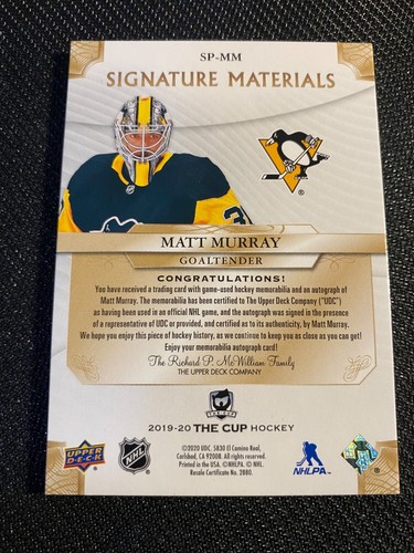 Matt Murray SP-MM 2019-20 Rookie Signature Materials #/99 The Cup Hockey Penguin - Imagen 3 de 3
