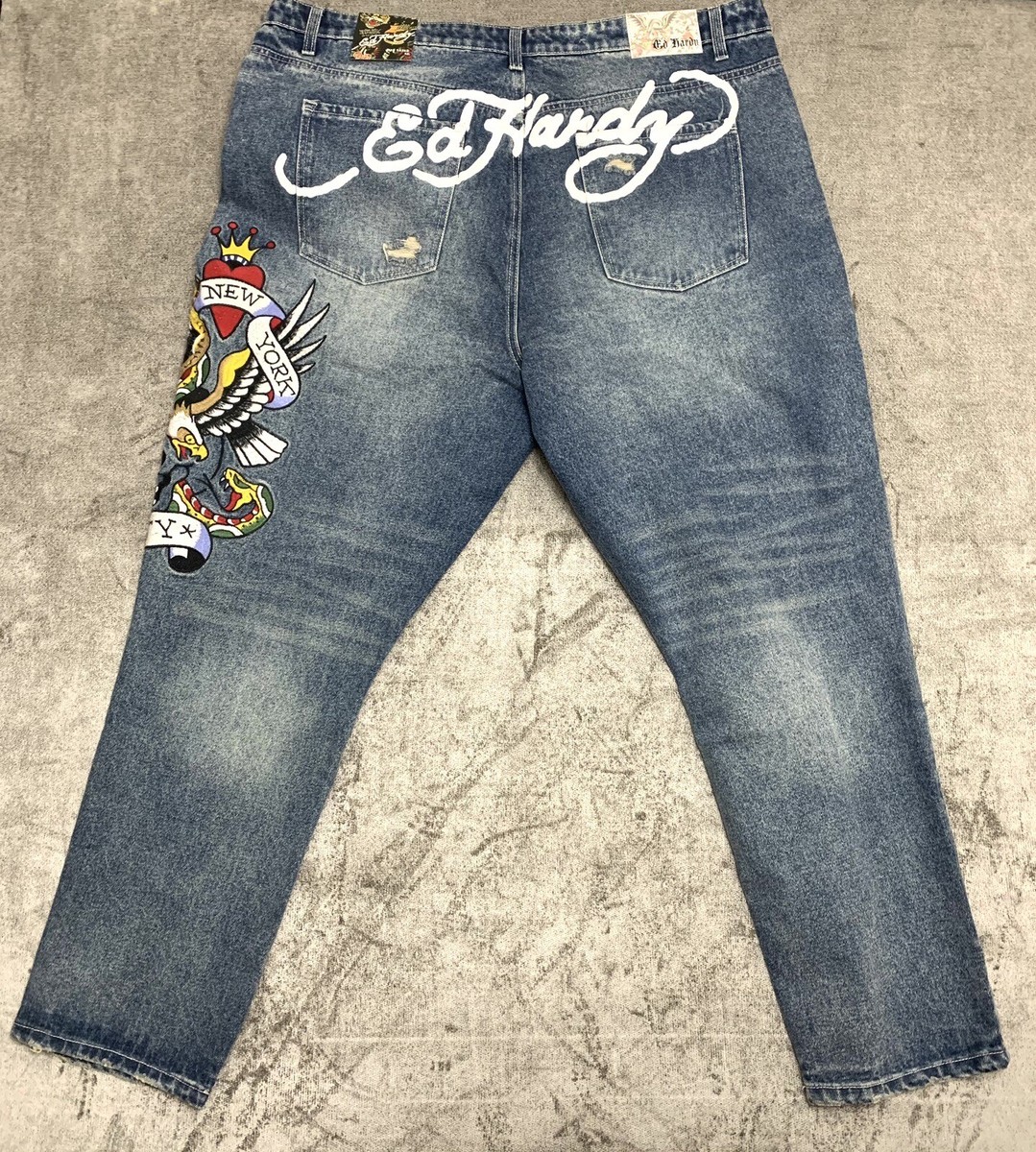 Ed Hardy Denim Jeans New York City Eagle Patch Distressed Sz