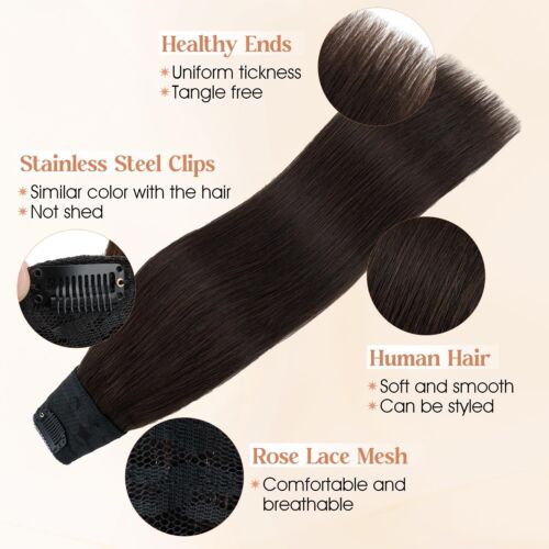 Real Human Hair One Piece Weft Clip in Extensions 3/4 Full Head 12" Dark Brown - Picture 4 of 8