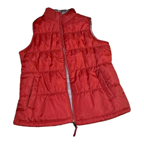 Merona Reversible Vest Size Med Deep Red Grey Plaid Quilted Puffer Women Pockets - Picture 2 of 10