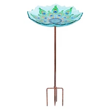 Glass Bird Bath Garden Outdoor Birdbaths Birdfeeder With Metal Stake Peacock