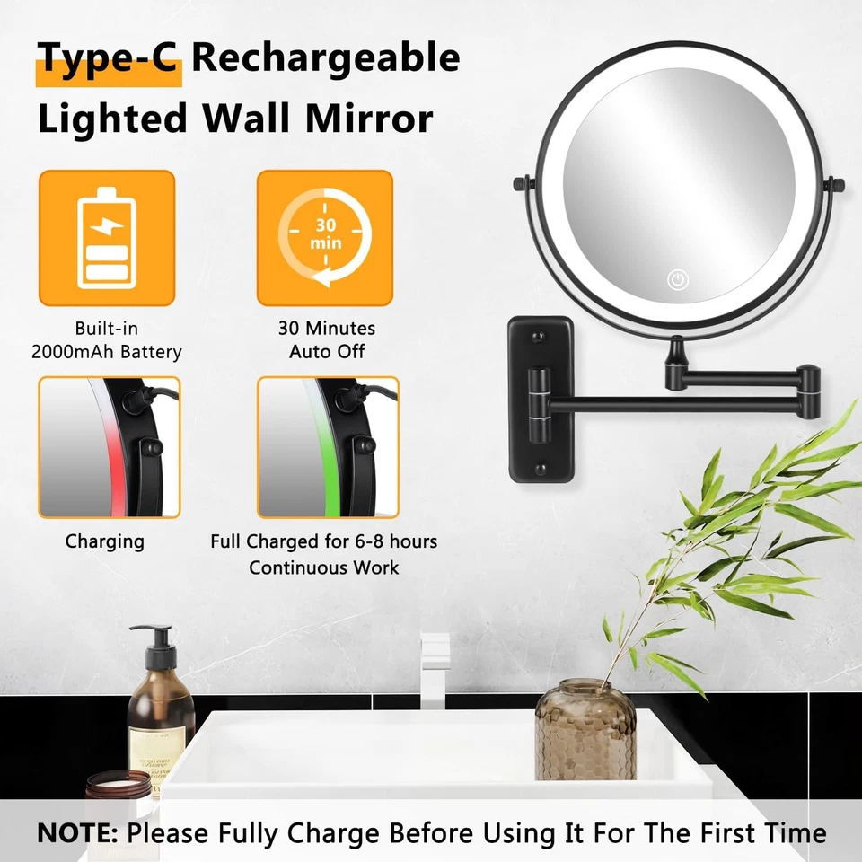 Rechargeable Wall-Mounted Makeup Mirror, 10X Magnification, 3 Color Lights - Image 2 of 4