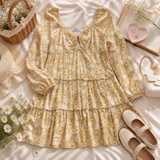 Boho Yellow Daisy Floral Babydoll Mini Dress L Tiered Cottagecore Boho Prairie