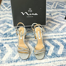 Nina Women's Silver Synthetic Glitter Strappy Ankle Strap Open Toe Buckle 7