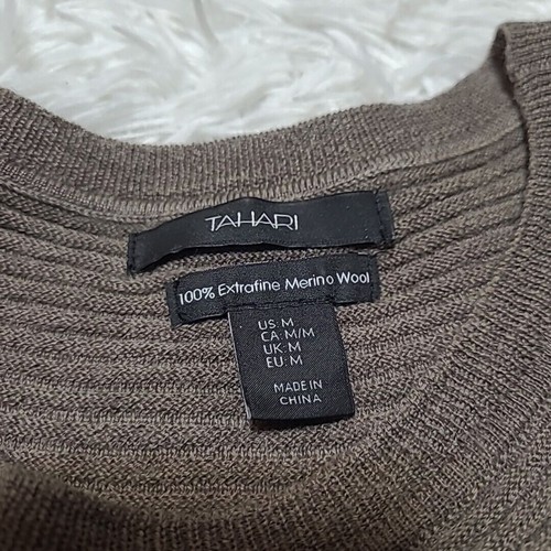 Tahari Tunic Length Sweater Medium Ribbed Roundneck Beige Extra Fine Merino Wool - Picture 5 of 10