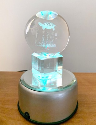3D Sea Turtle Ball Sphere Laser Etched Glass Crystal LED Rotating Base