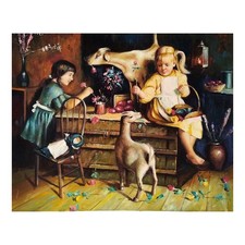 Quadro Dipinto a Mano Olio su Tela 60x50 cm Lr Bambine e le Capre Made in Italy