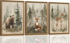 Woodland Nursery Decor Wall Art Set of 3, Cute Forest Animals Canvas Prints B...