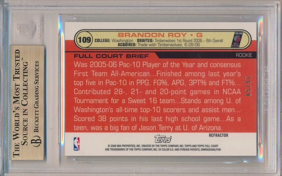 BRANDON ROY 2006-07 Topps FULL COURT CHROME Rookie Gold REFRACTOR /50 RC BGS 9.5 - Image 3 of 4