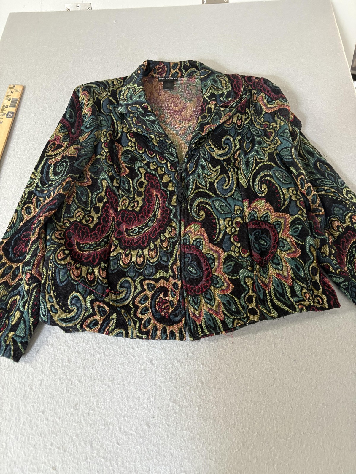 Molly & Maxx Jacket Womens XL Black Multicolor Paisley Tapestry Blazer Made USA