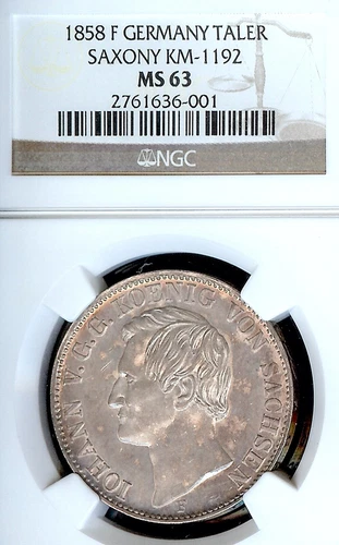 German States Saxony 1858F Taler Coin Thaler NGC MS63 VZ/F.STG VEREINSTHALER UNC