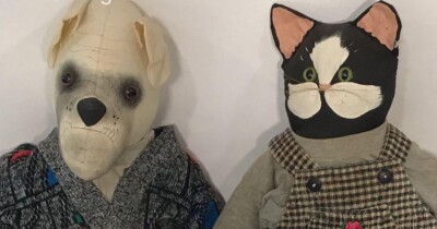 Ragtime Critters & Kin 1986 2 PC American White Bulldog & Tuxedo Cat 25  Decor