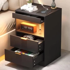 Night Stand With Gun Drawer & Invisible Lock Bedside Table Led Nightstand With C