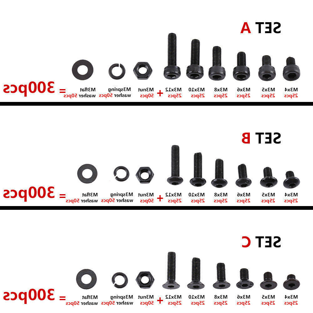 M3 Black Alloy Steel Hex Socket Screws with Nuts and Washers Kit  