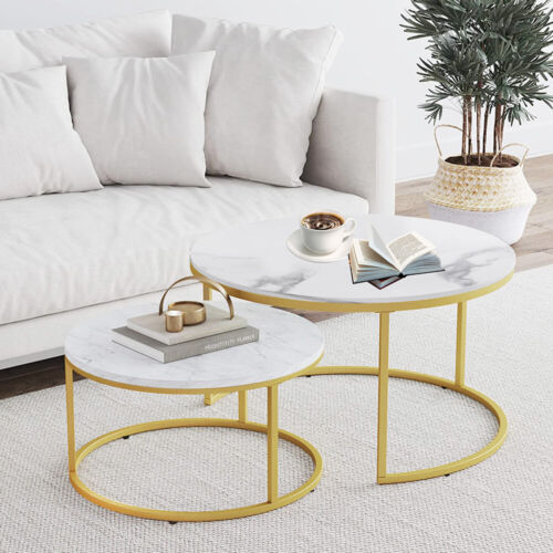 Set of Coffee Table Round Marble Nesting Side End Wooden Round Table Furniture - Picture 9 of 12