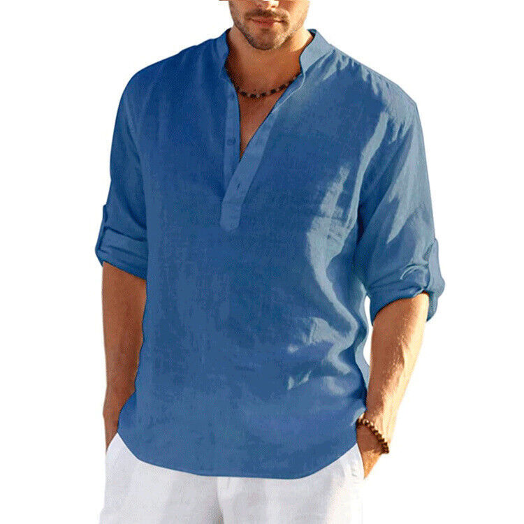 Mens Solid Linen Beach Shirts Cotton Casual Loose Summer Shirt Blouse