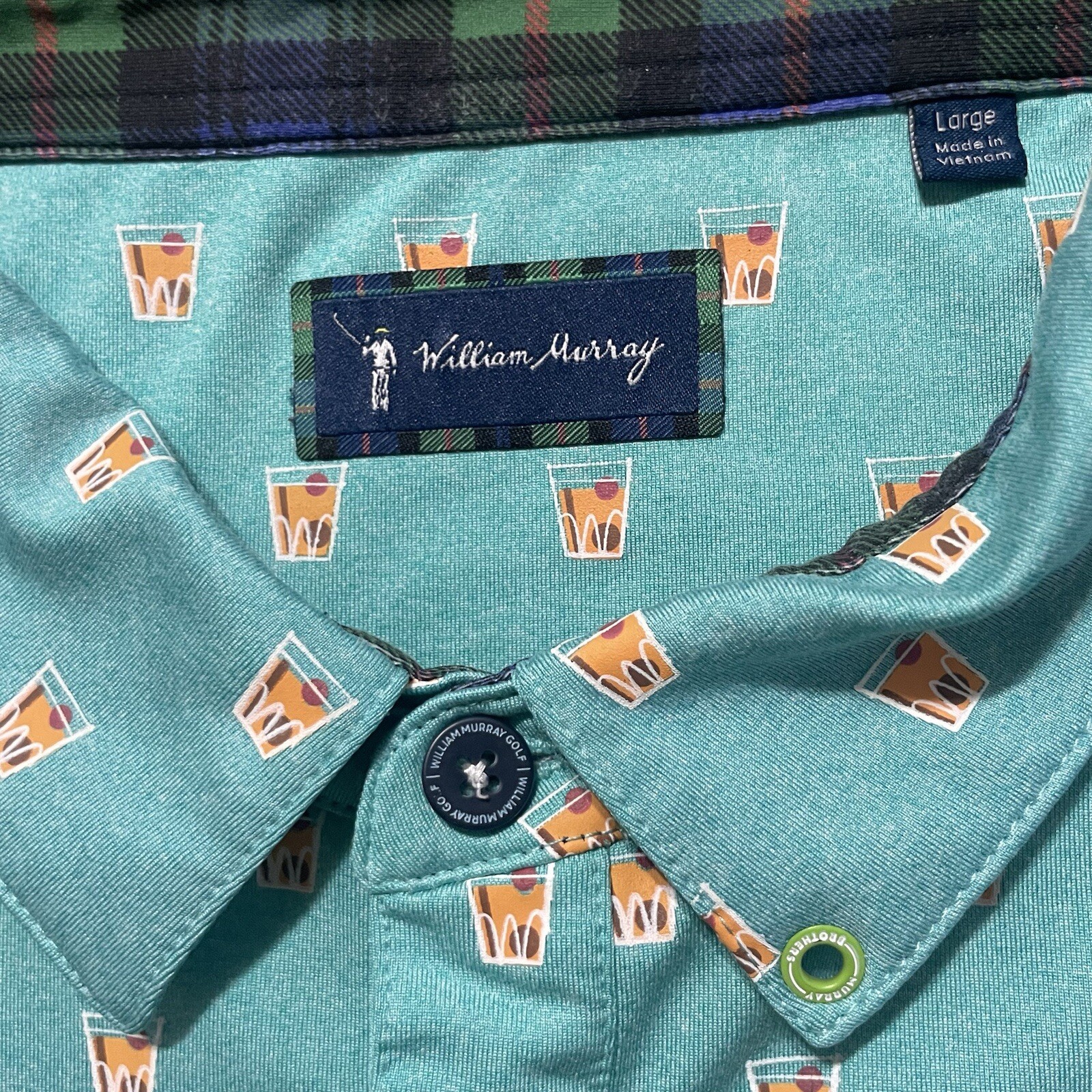 William Murray Polo Shirt Mens Large Teal Old Fashioned Drink Booze Golf RARE image 4