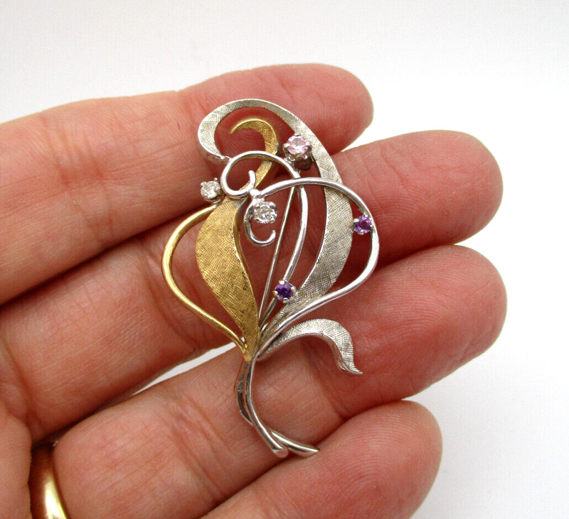 14K Yellow & White Textured & Polished Gold Diamond Topaz Amethyst Brooch Pin
