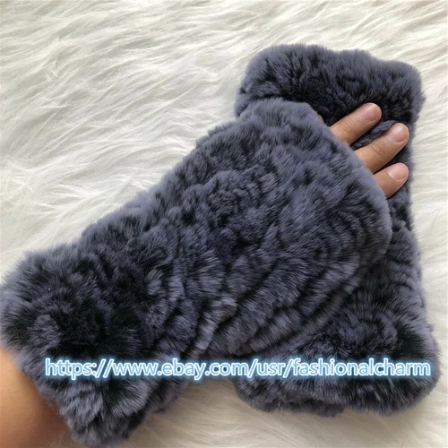 Womens Winter Real Rabbit Fur Gloves Knitted Stretch Fingerless Mitten Gloves - Picture 49 of 102