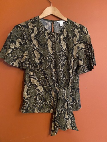 H&M Reptile Snake Print Flutter Sleeve Tie Front B