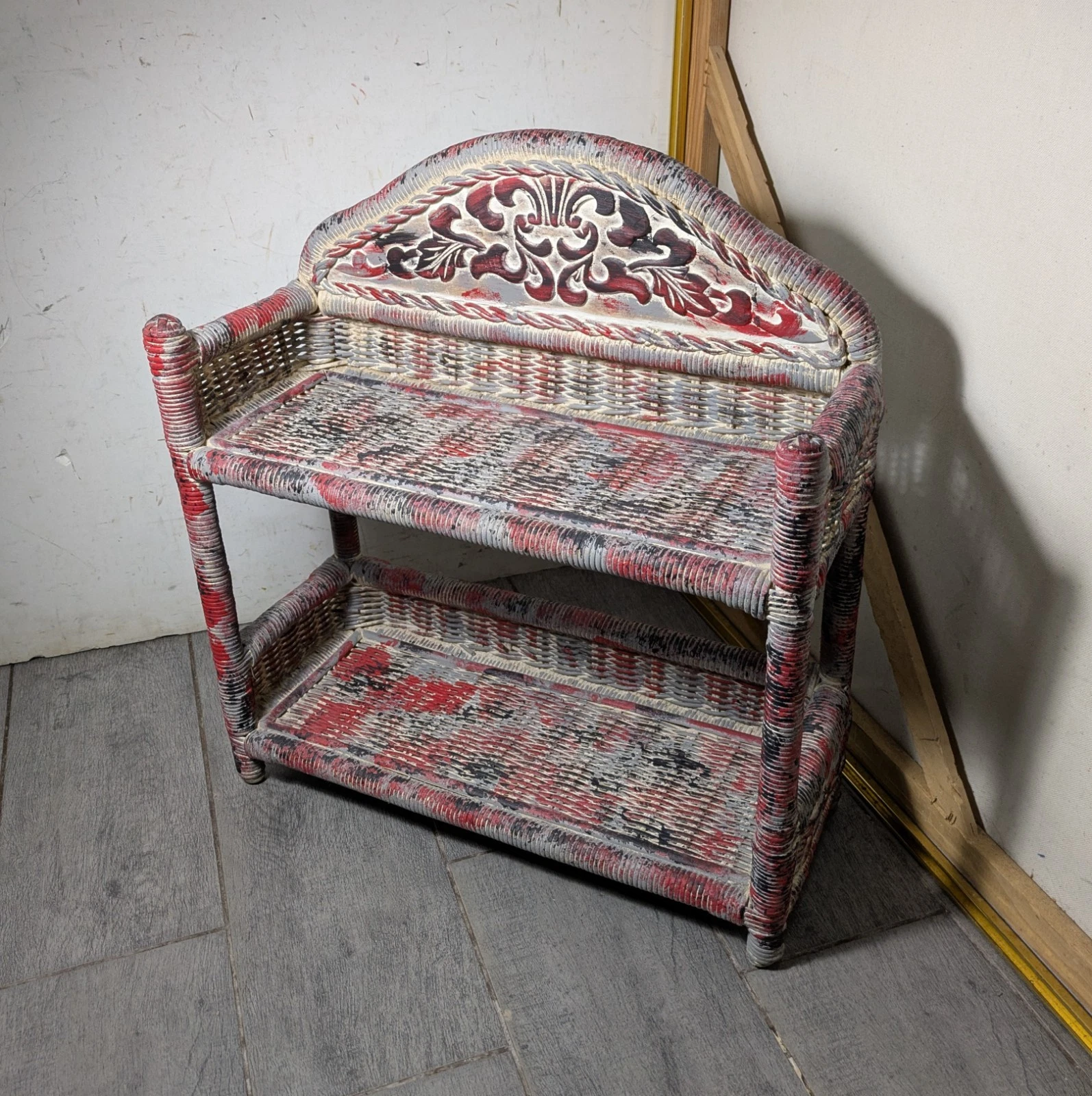 Vintage Retro Boho Chic Painted Wicker Rattan Small Wall Shelf