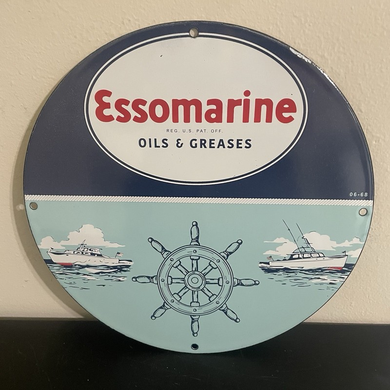VINTAGE ESSOMARINE GREASES GASOLINE OIL PORCELAIN SIGN