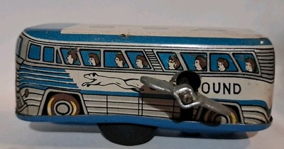 Vintage Working Tin Litho Windup Toy Greyhound Express Bus 1960's Made in Japan