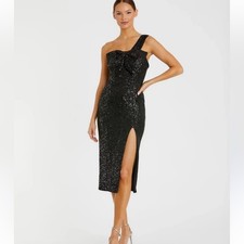 Mac Duggal Black Sequined One Shoulder Formal Dress Womens 6 Glam Prom NWT