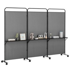 Costway 3-Panel Folding Room Divider with 3 Metal Shelves and Lockable Wheels-Gr