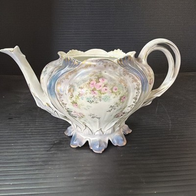 R S PRUSSIA MARKED Teapot Footed  Heavy Gilt No Lid Roses Chip Inside Rim