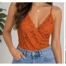 Lace Bodysuit Orange Adjustable Straps V-Neck Snap Closure Top Size-M