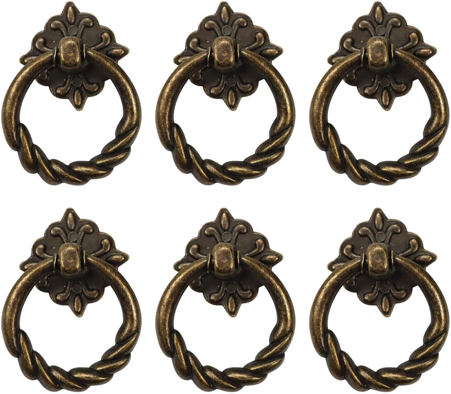 6pcs Vintage Bronze Drop Ring Knobs Pulls Handles for Dresser Drawer Antique