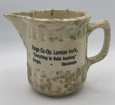 Vintage Advertising Spongeware Stoneware Pitcher Lumber Assn.  CO-OP Fargo OK