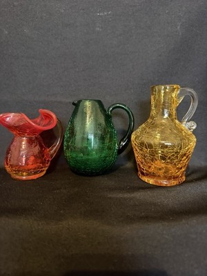 Crackle Glass Hand Blown Mini Pitchers Jugs Red Green Amber Set of 3 Decorative
