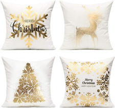 All Smiles White Gold Christmas Decorations Throw Pillow Covers 18X18 Set of 4 W