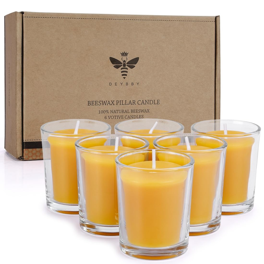 Pure Beeswax Votive Candles-6 Pack Natural Votives Set in Gl