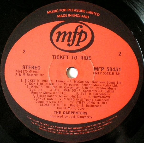Carpenters - Ticket To Ride (LP) (Near Mint (NM or M-)) - 3682680358 - Image 4 of 4