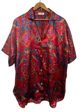 Victoria Secret Vintage Gold Label Satin Button Up Night Shirt Red Floral Sz XL