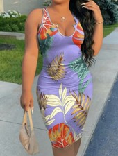 Women Plus Size Dress Sleeveless U Neck Tropical Print Stretchy Bodycon 