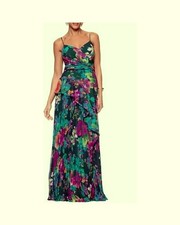 Xscape Green Multi Printed Pleated Chiffon Maxi Cocktail Dress Size 10 $268